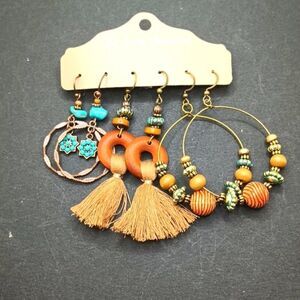 BRONZE wood beaded drop tassel earrings boho jewelry
